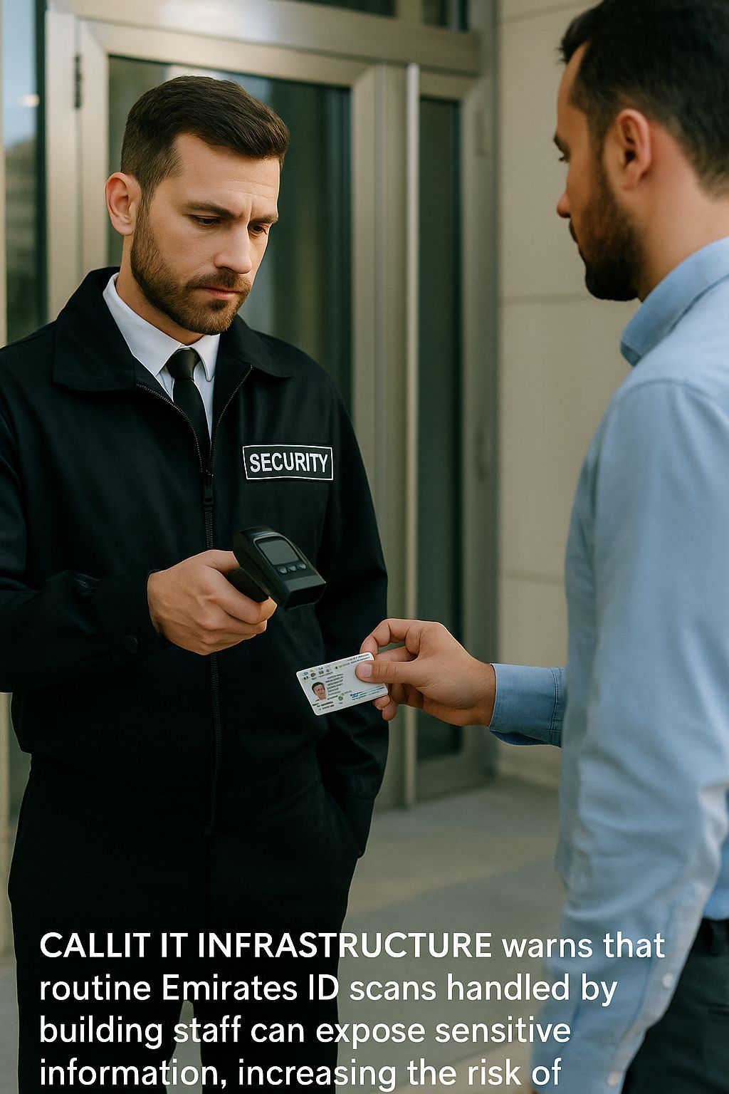 photo of a security guard scanning a UAE resident’s Emirates ID at a building entrance, highlighting digital security and identity exposure risks in Dubai; created by CALLIT IT INFRASTRUCTURE.