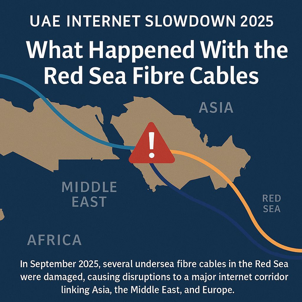 Map of Red Sea showing fibre cable cuts in 2025 that disrupted UAE internet routes linking Asia, Middle East, and Europe.