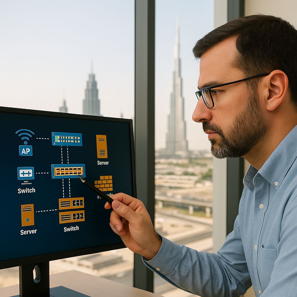 Engineer inspecting startup network cabinet and infrastructure layout in Dubai UAE, designed by CALLIT IT INFRASTRUCTURE for high-speed, reliable performance.