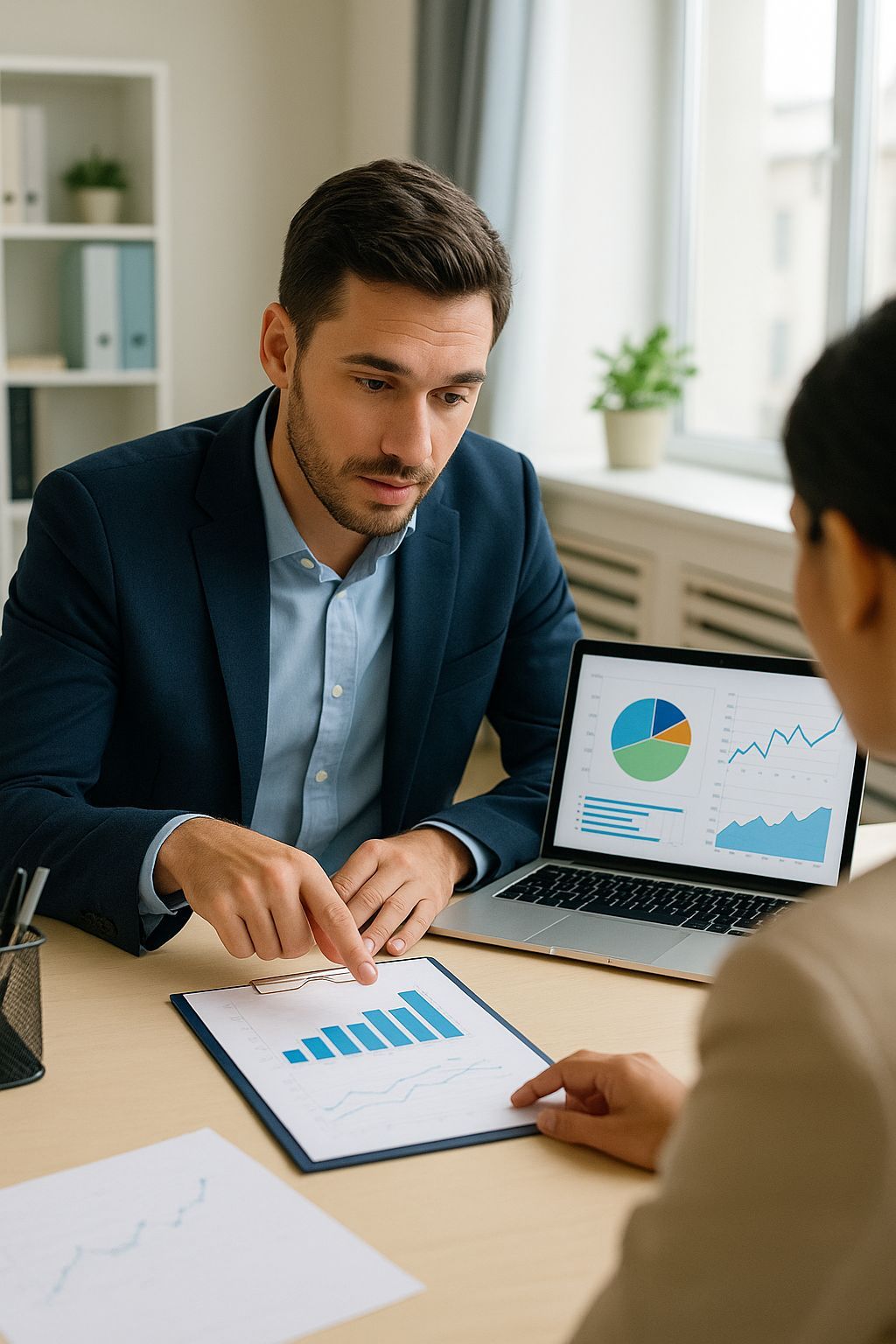 Realistic image showing CALLIT IT INFRASTRUCTURE analyzing business workflows and data charts before IT network design for startup businesses and new established companies in Dubai and UAE.