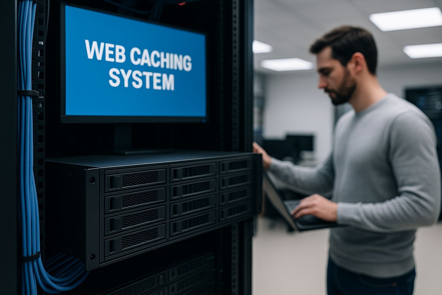 Server technician setting up a web caching system in a Dubai data center