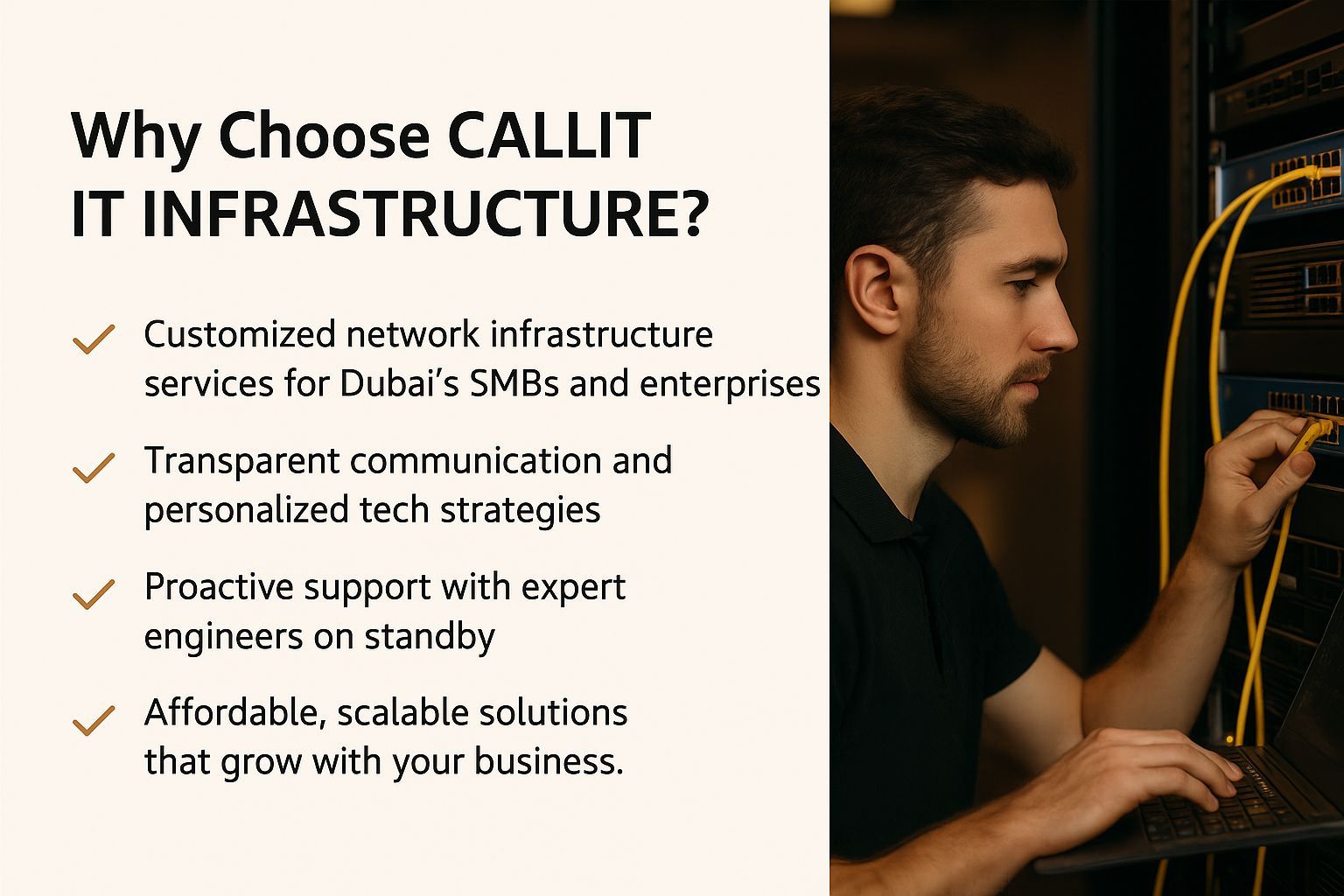 Professional IT engineers collaborating in a modern Dubai office with network racks and computers — representing CALLIT IT INFRASTRUCTURE teamwork and reliability.