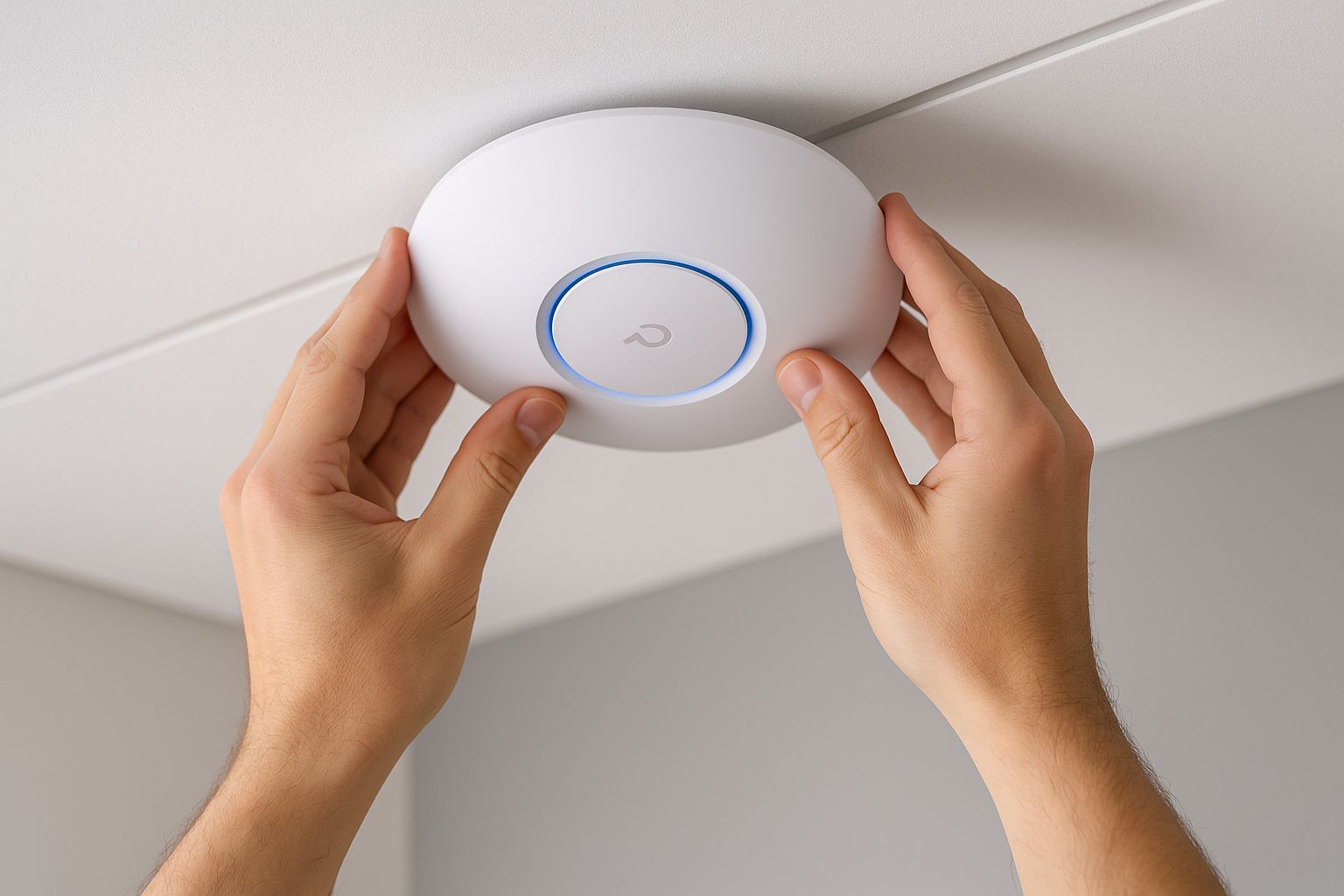 Technician installing a Wi-Fi access point with hands-on tools, Dubai