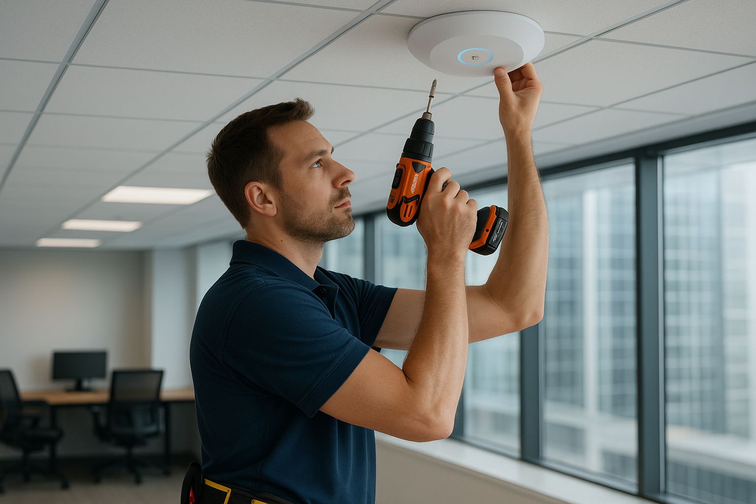 Technician installing a TP-Link Omada Wi-Fi access point on a ceiling inside a professional office in Dubai or Abu Dhabi
