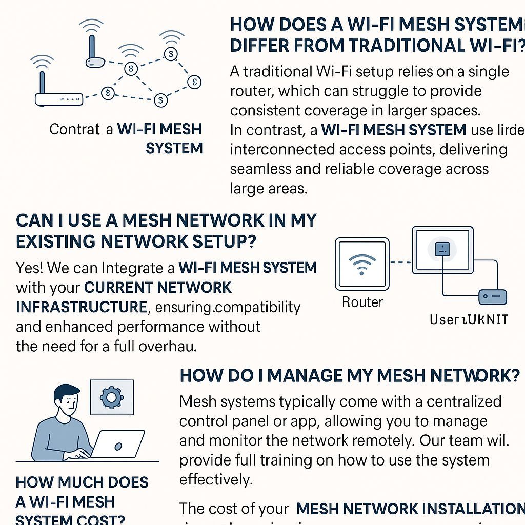 A 2D digital infographic illustration visually explaining Wi-Fi Mesh System FAQs, including coverage, setup, management, and installation cost—ideal for businesses in Dubai and Abu Dhabi.