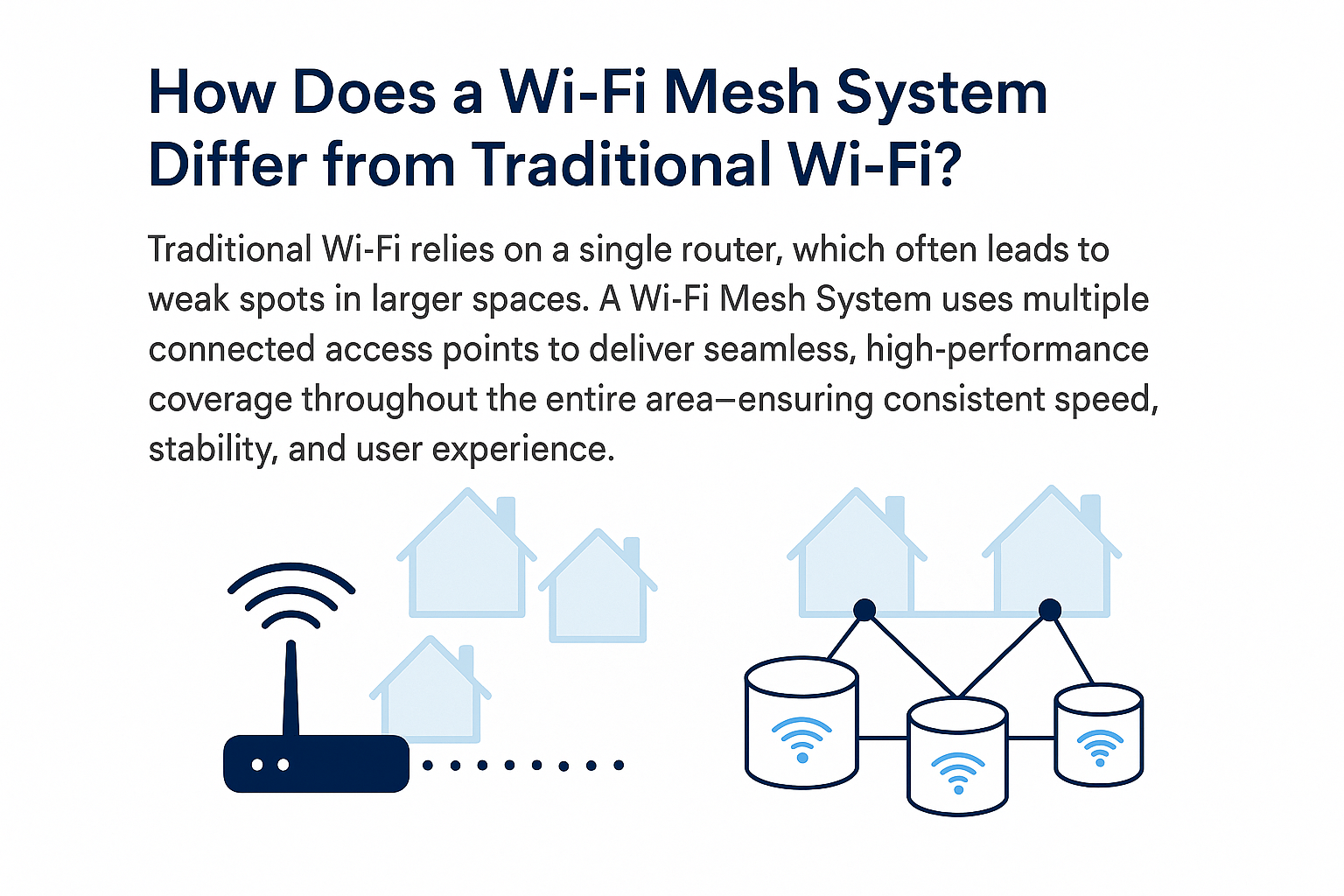 Comparison between traditional Wi-Fi and Wi-Fi Mesh Systems showing coverage differences and access point structure
