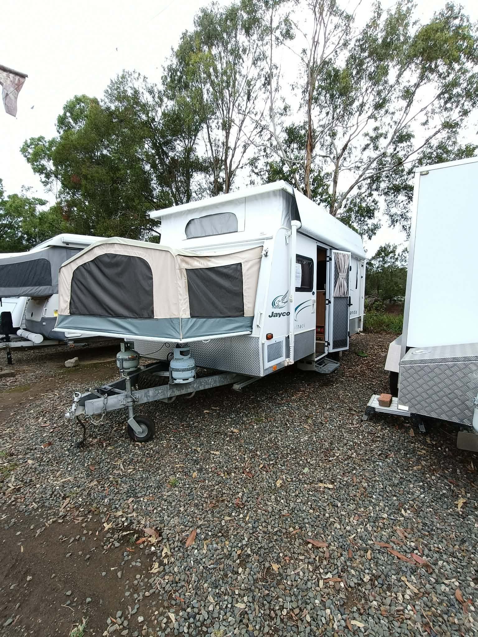White Camping Trailer With Canvas Extension, Parked — Great Lakes Caravans & RV P/L In Nabiac, NSW