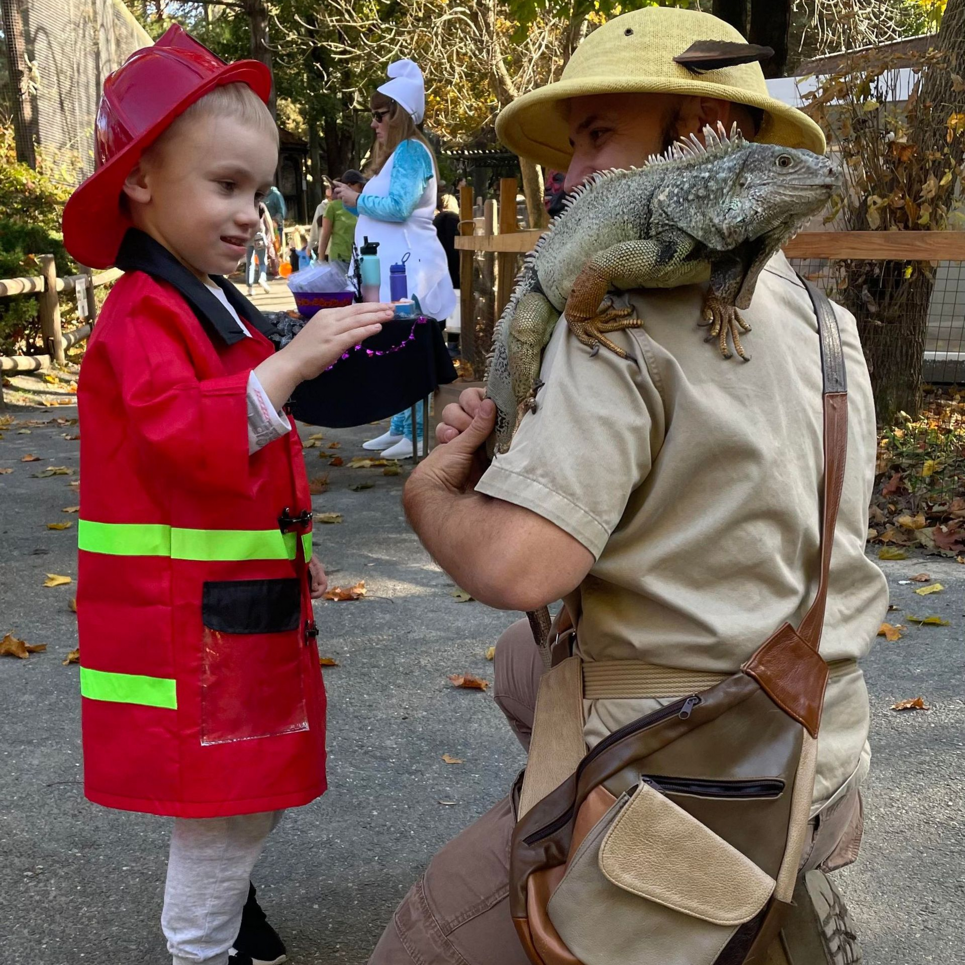 A small child dresses as a firefighter meets a zookeeper dressed like he's on a safari with a real iguana on his shoulder. The kid is reaching out to pet the iguana.