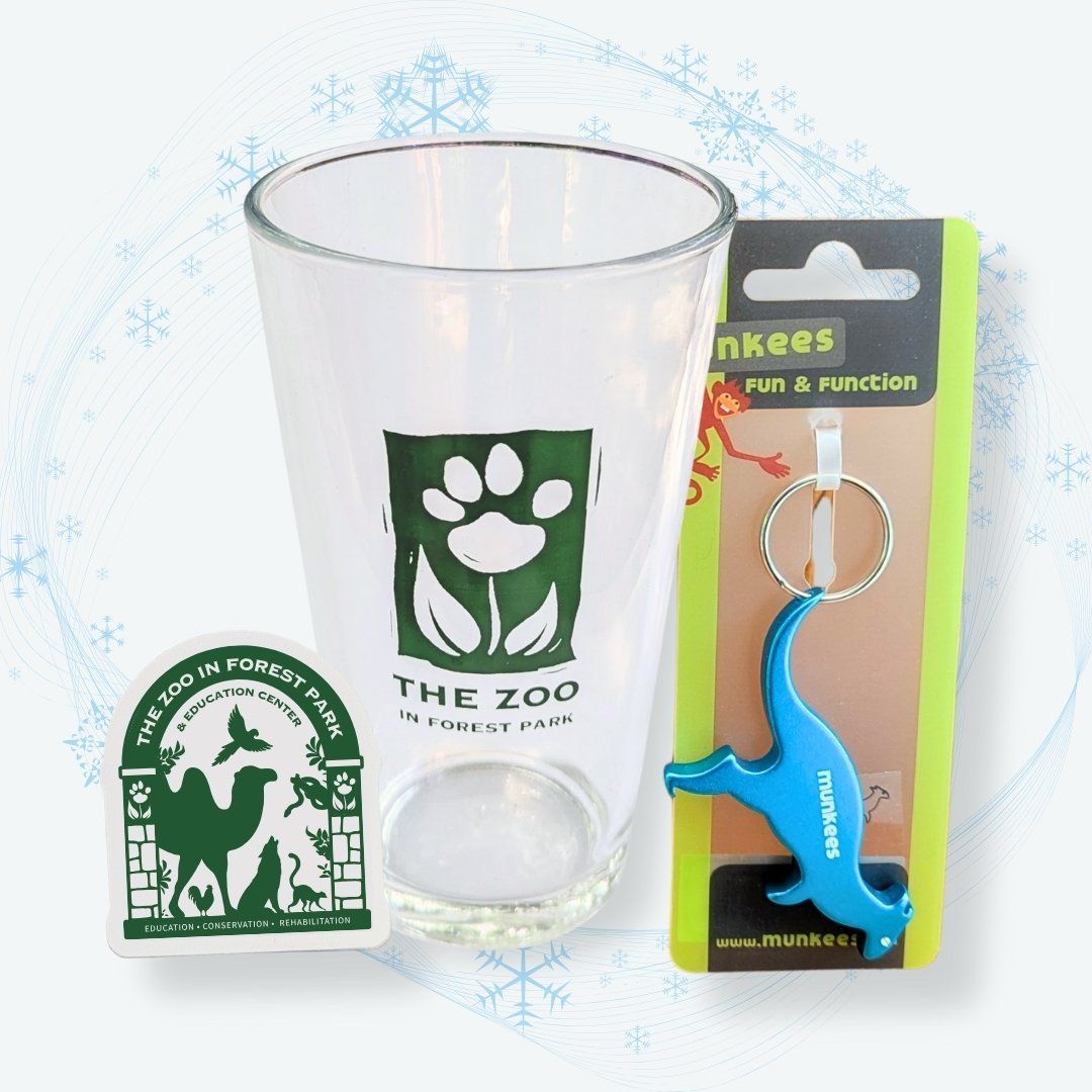 Merchandise on a winter-themed background. Merch includes: Zoo-branded pint glass, bottle opener keychain shaped like a wallaby, a Zoo sticker.