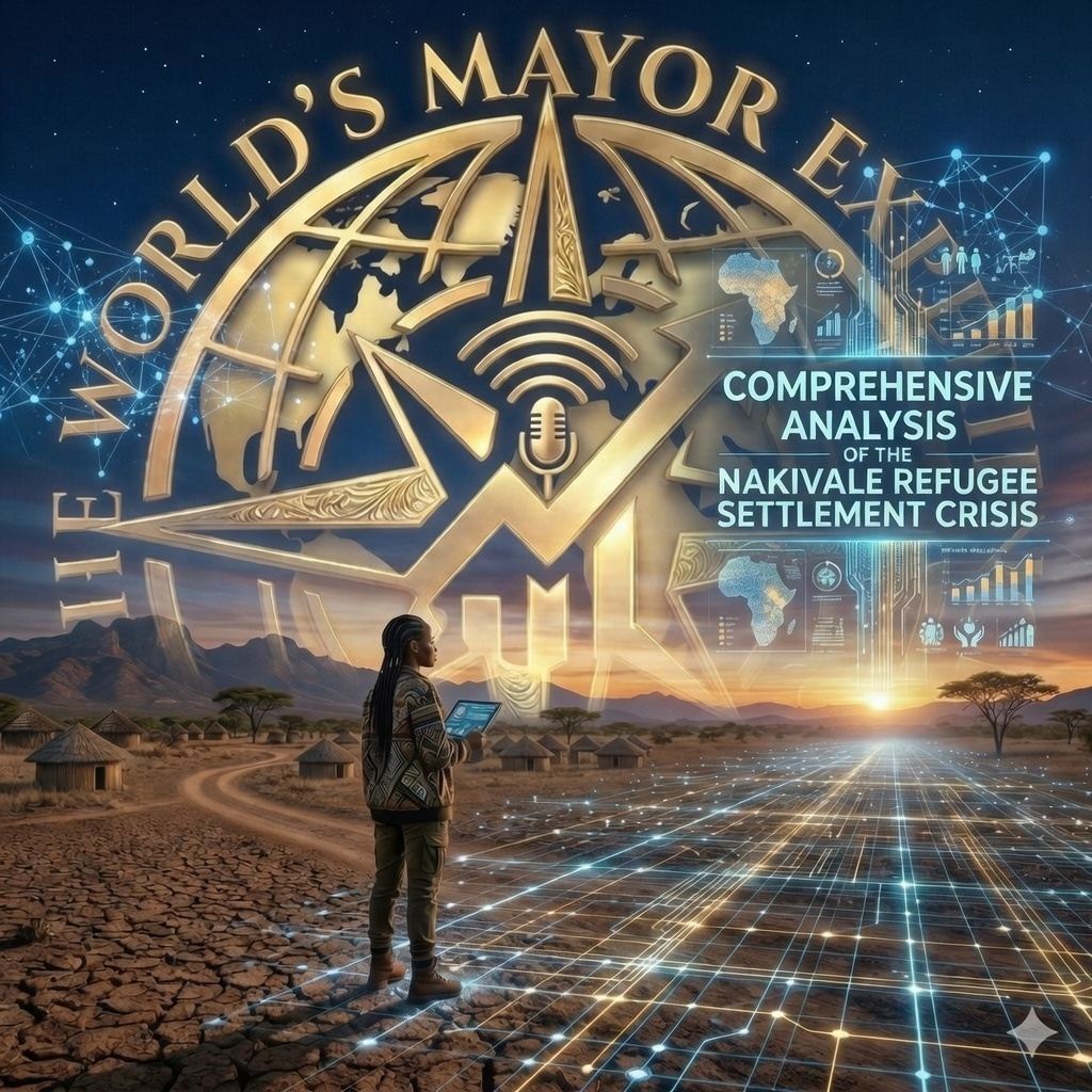 Podcast cover: Person with tablet looks towards a glowing path, Nakivale refugee settlement crisis.