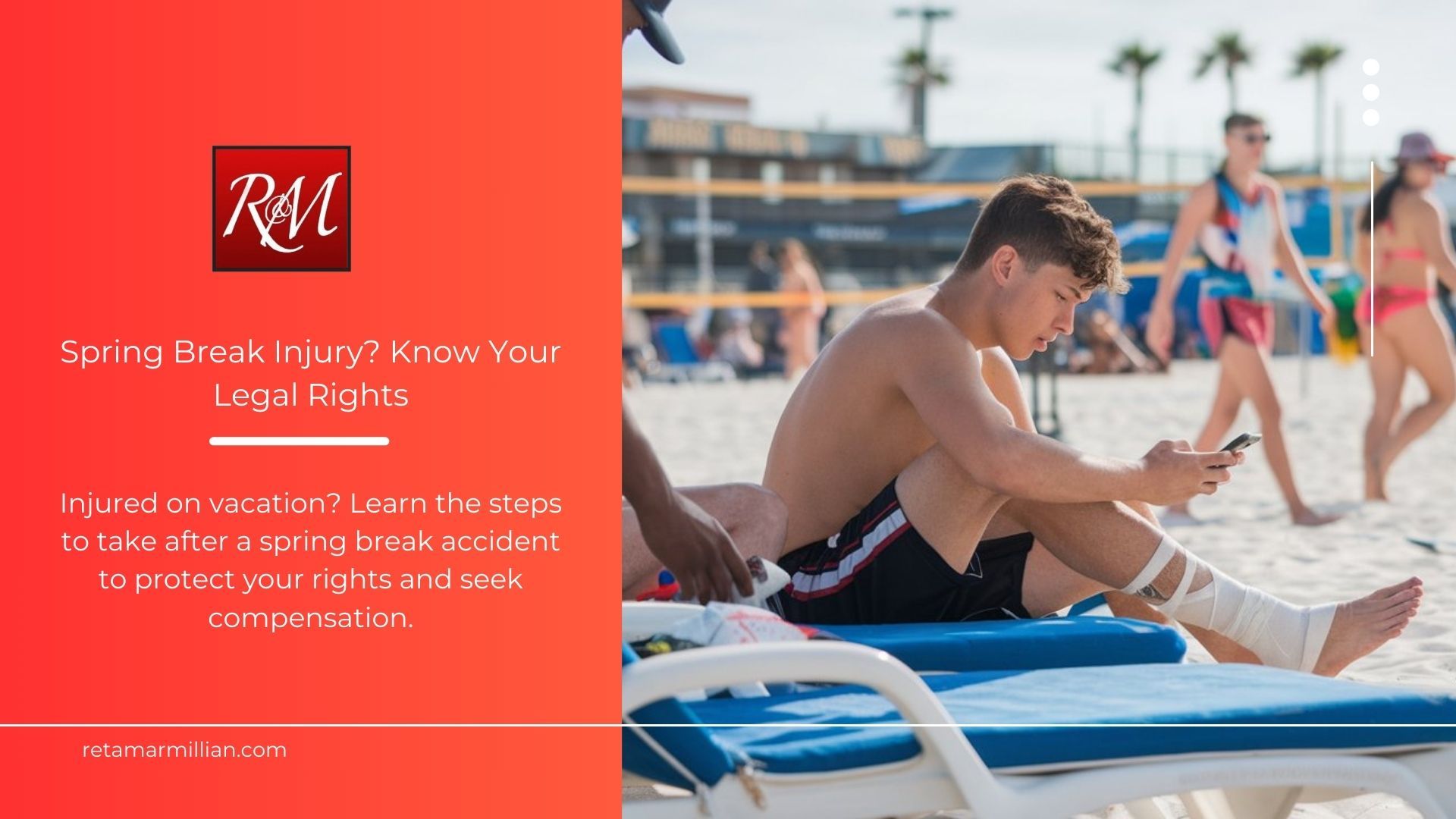 A man with a broken leg is sitting on a beach chair looking at his phone.