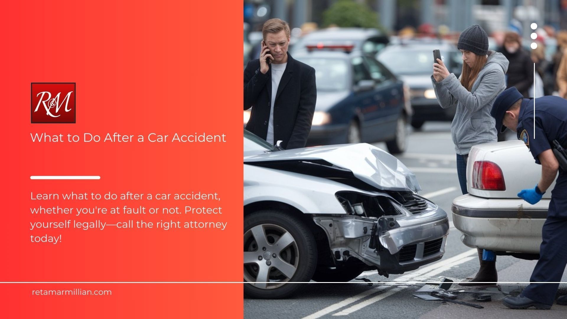 A man is talking on a cell phone while a woman takes a picture of a car accident.