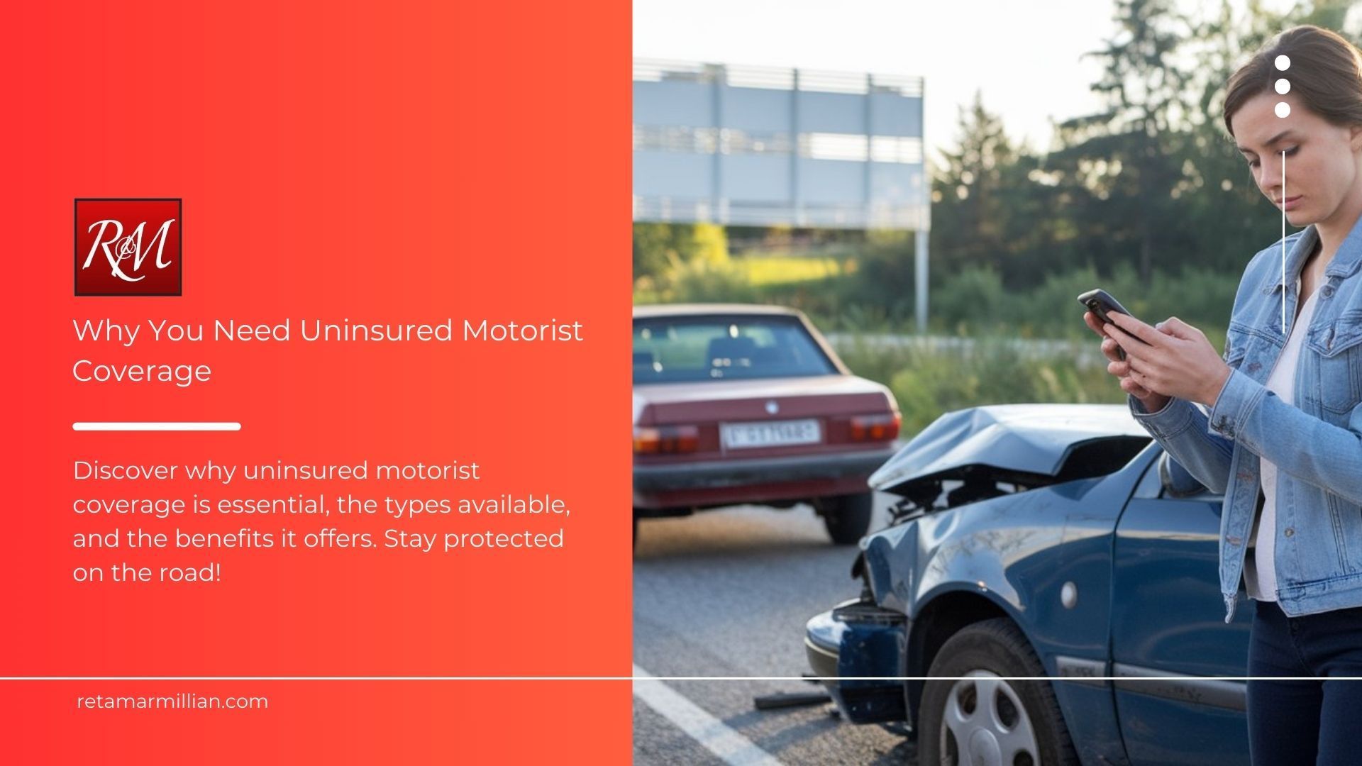 A woman is standing next to a damaged car looking at her phone.