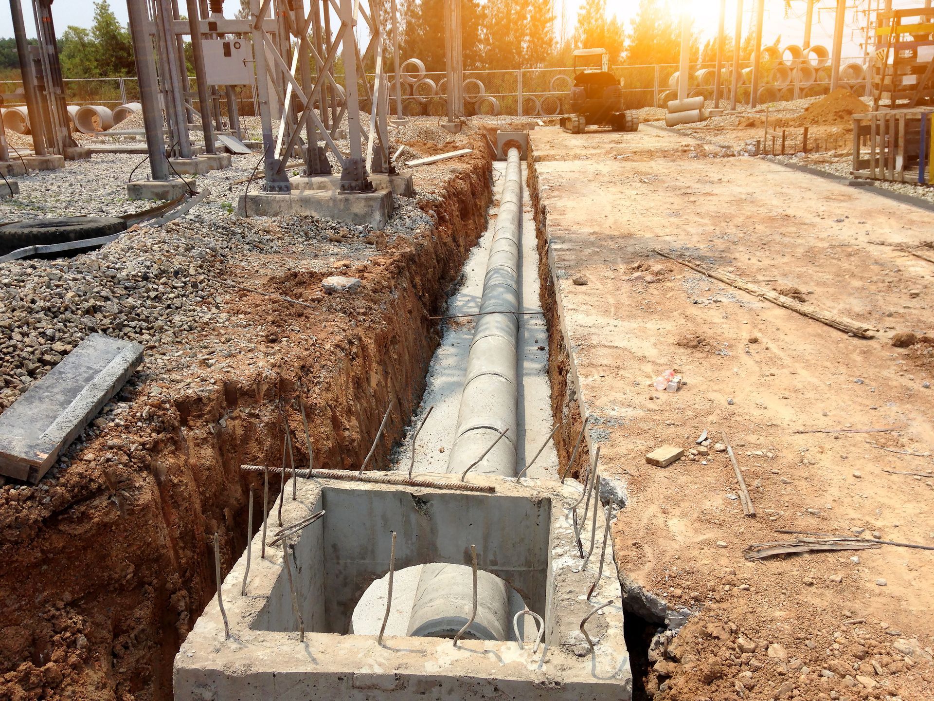 Construction site with concrete drainage pipes and a catch basin in a trench