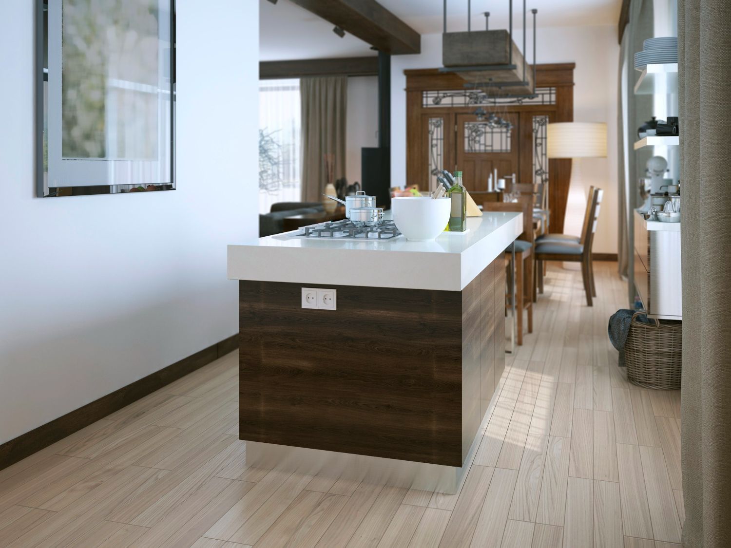 Kitchen island with dark wood base, white countertop, and light wood flooring.