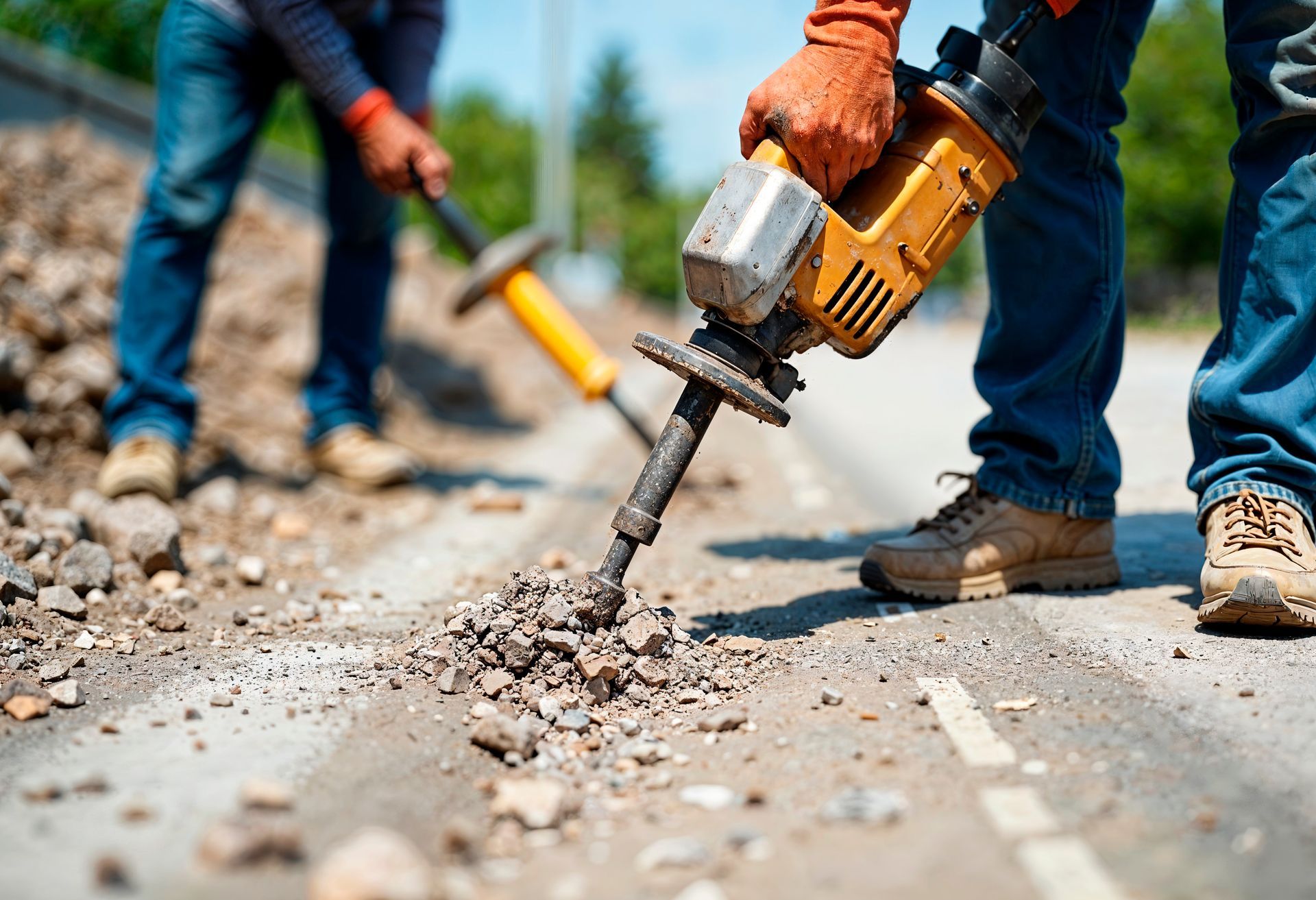 A construction worker is using a hammer and drill to drill a hole in the ground.