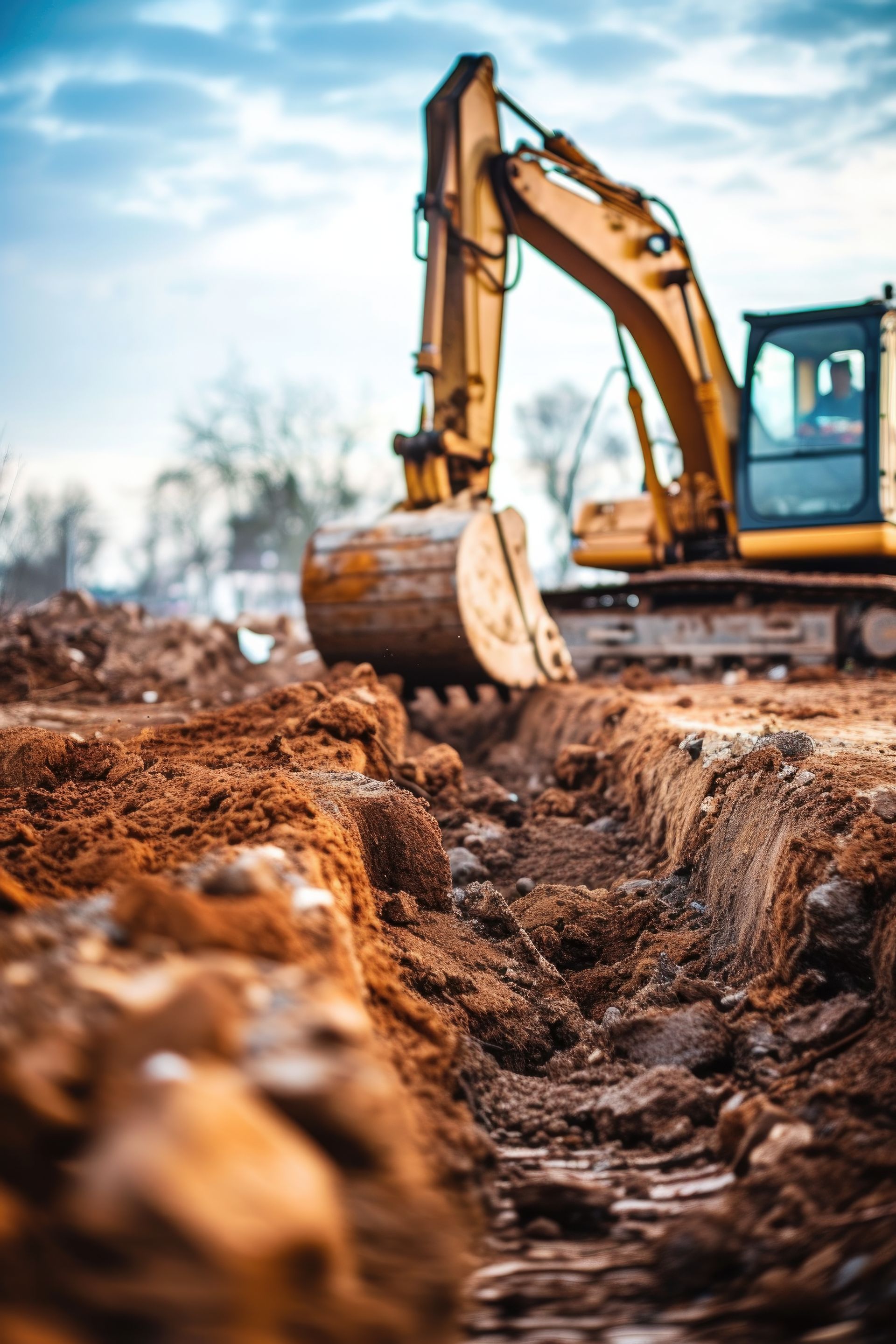 An excavator is digging a hole in the dirt at a construction site.