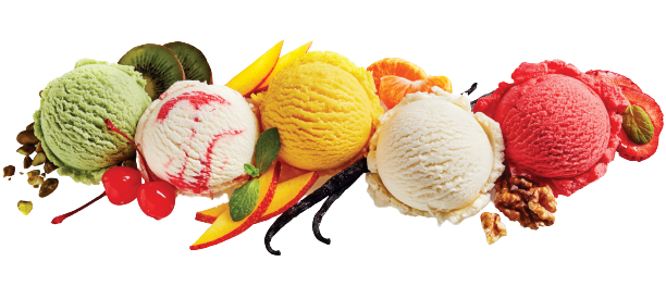 gusti di gelato assortiti con ingredienti e frutta fresca