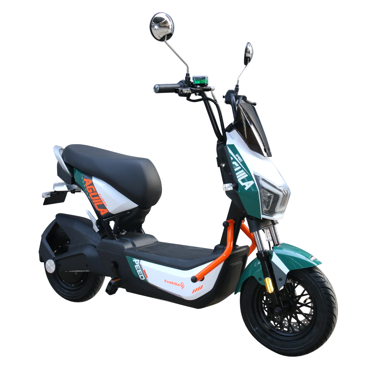 Patinete eléctrico de color blanco y negro con manillar, sobre fondo blanco.