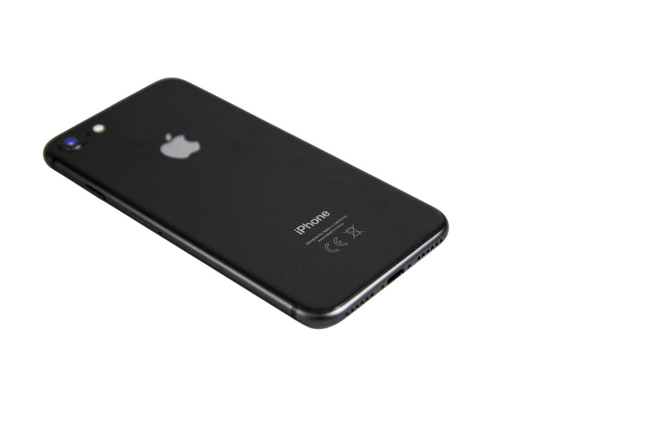 IPhone negro sobre fondo blanco, mostrando la parte trasera con el logo de Apple y la cámara.