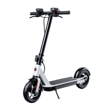 Patinete eléctrico de color blanco y negro con manillar, sobre fondo blanco.