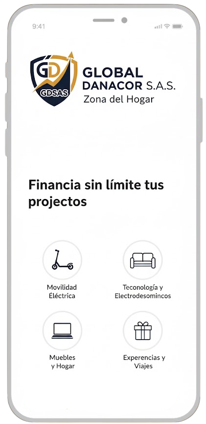 Una pantalla de teléfono inteligente que muestra el logotipo de Global Danacor, con íconos de productos y servicios.