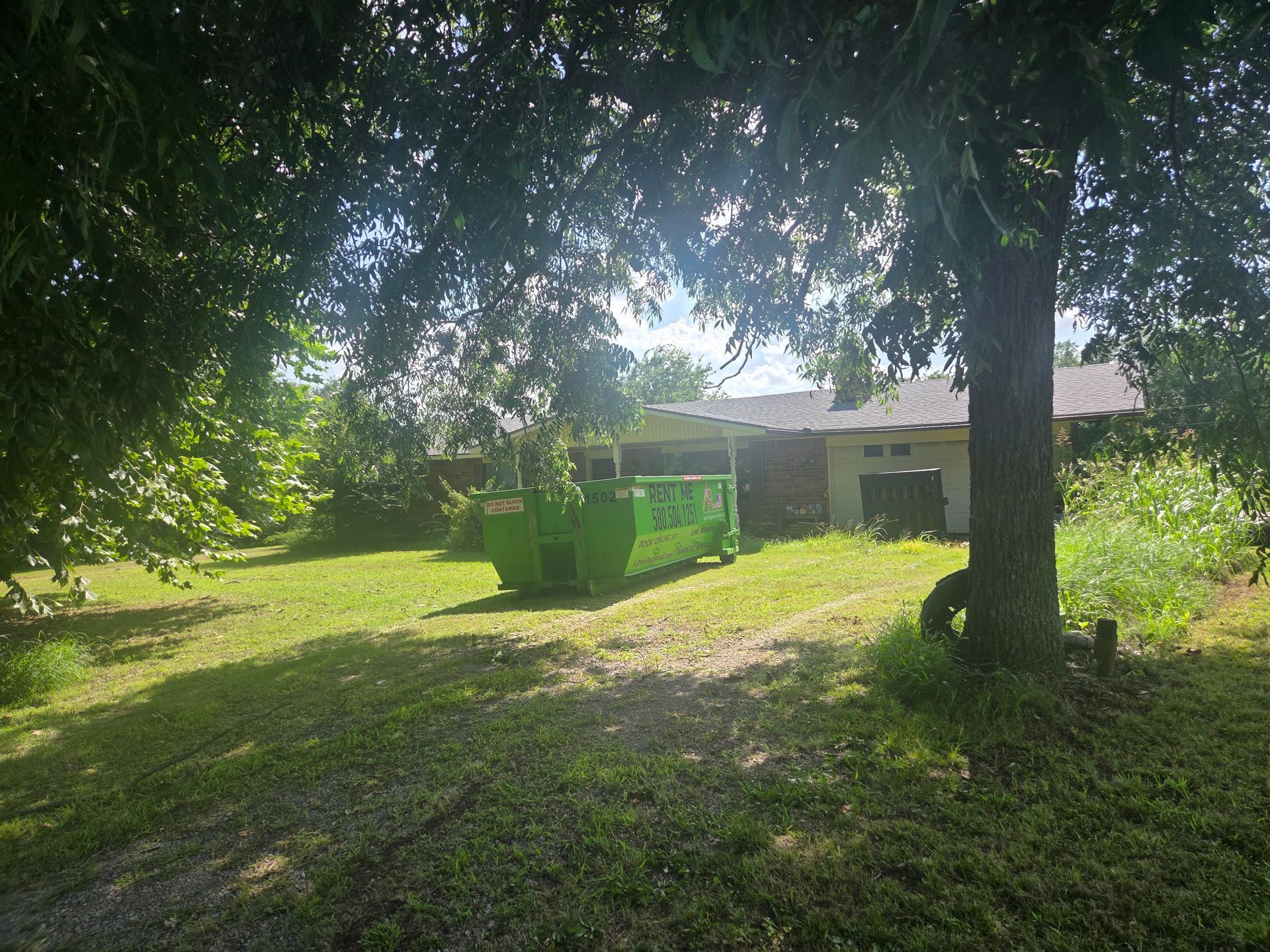 Green dumpster in a grassy yard near a building, shaded by a tree's leaves.