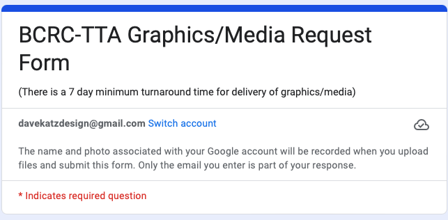 A screen shot of a bcrc-tta graphics / media request form