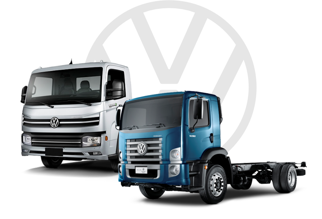 Duas caminhonetes Volkswagen, uma branca e uma azul, com o logotipo da VW ao fundo.
