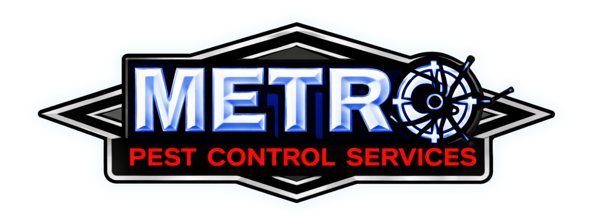 The Metro Pest Control Services logo, featuring blue text with a stylized spider icon inside a dark diamond border.