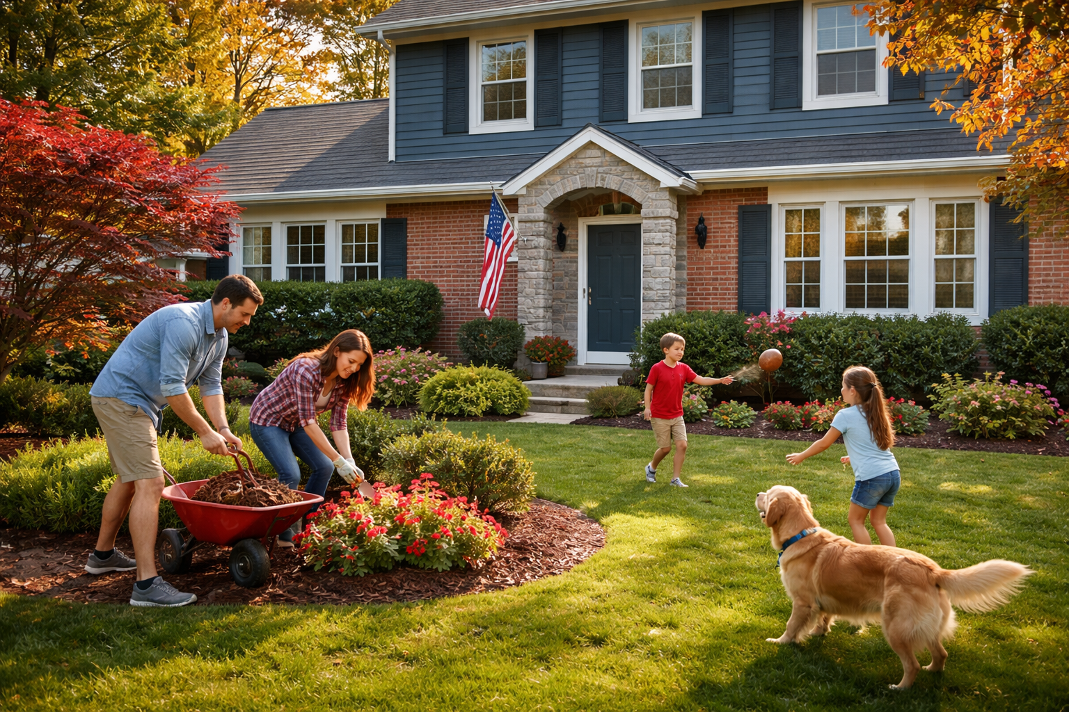 Lush green backyard with grass, a concrete walkway, hedges, trees, and wooden fences against a blue sky.