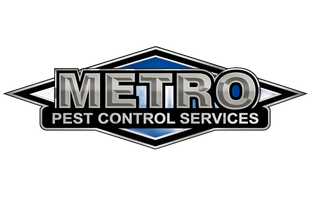 The Metro Pest Control Services logo, featuring blue text with a stylized spider icon inside a dark diamond border.