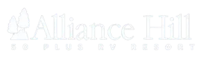 Alliance Hill 50 Plus RV Resort logo with white text and tree graphic.