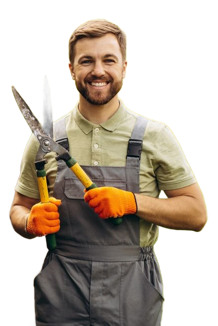 Smiling person in overalls holding garden shears. Orange gloves, light green shirt.