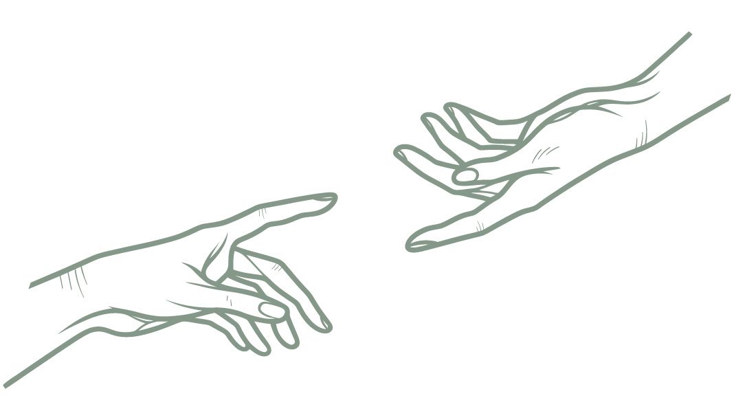 Eine Zeichnung von zwei nacheinander greifenden Händen auf einem weißen Hintergrund.
