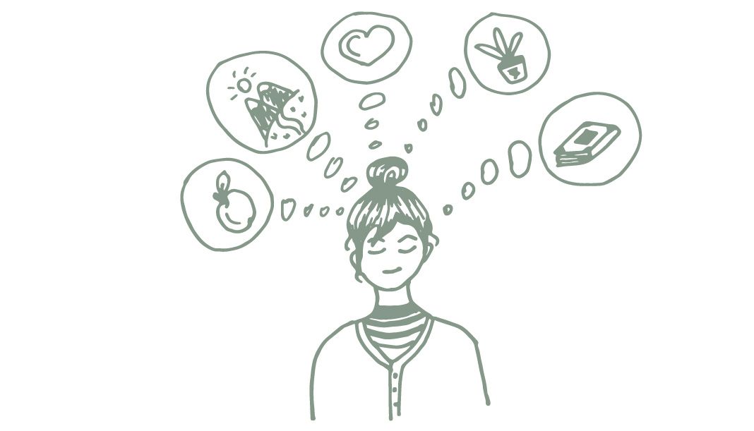 Eine Zeichnung einer Frau, aus deren Kopf Seifenblasen kommen.