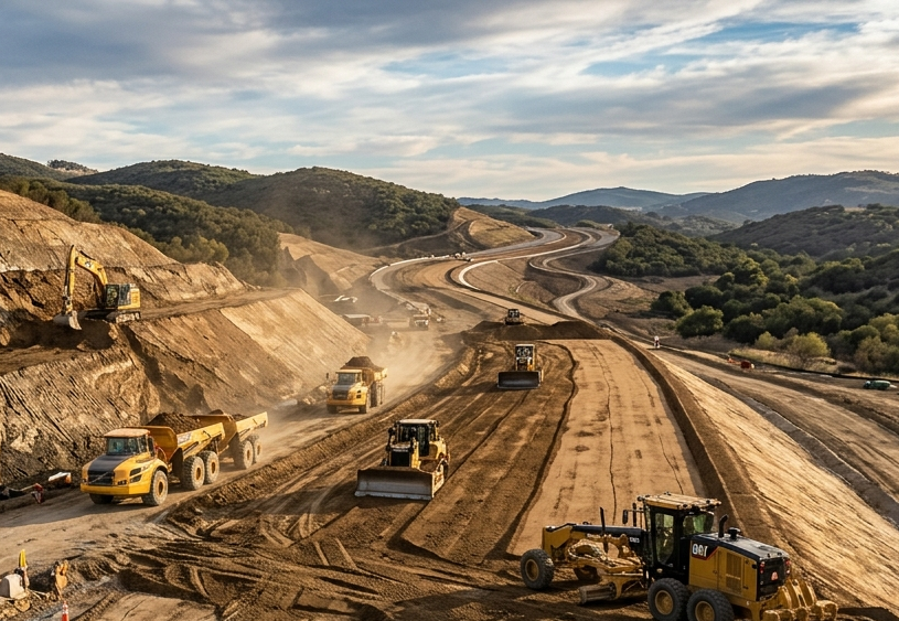 A person is operating an excavator on a construction site.