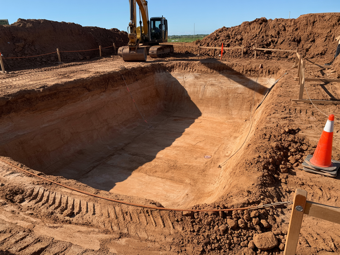 An excavator sits at the edge of a deep, rectangular trench dug into red dirt at a construction site.