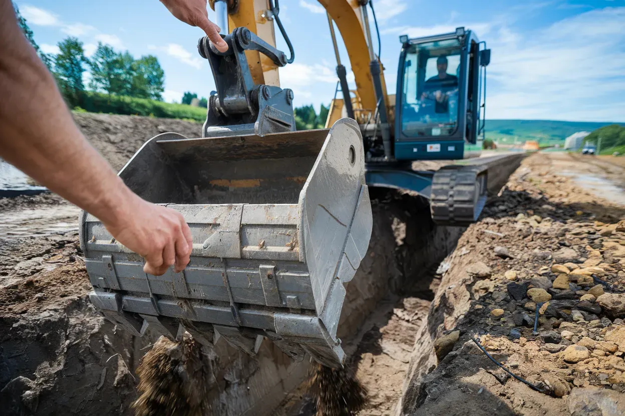 A person is operating an excavator on a construction site.