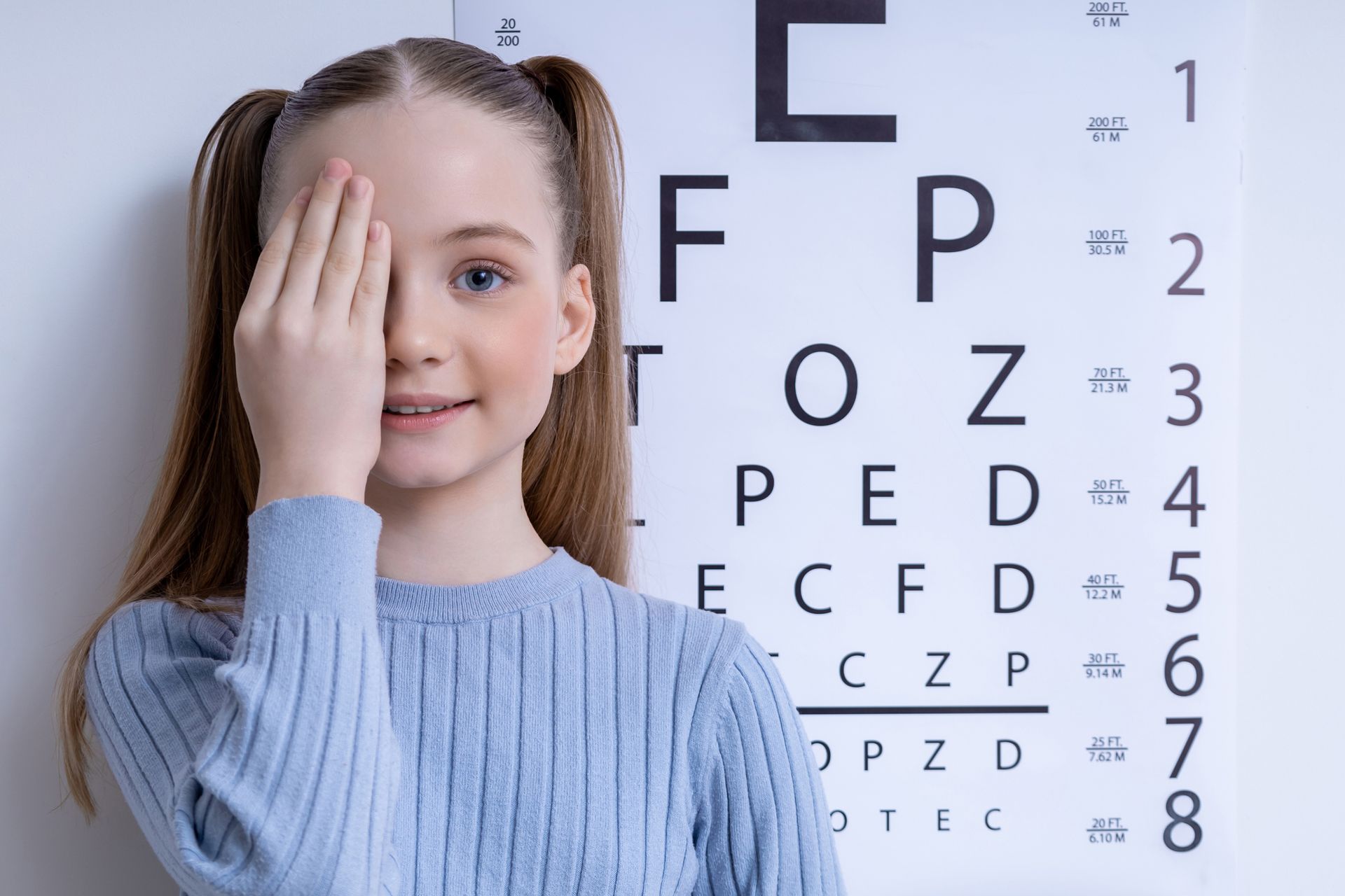 Bambina si copre un occhia durante una visita oculistica e sullo sfondo  lettere per il test visivo