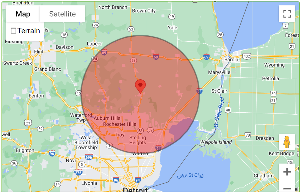 A map of a city with a red circle around it – Romeo, MI - ABCO Heating & Cooling