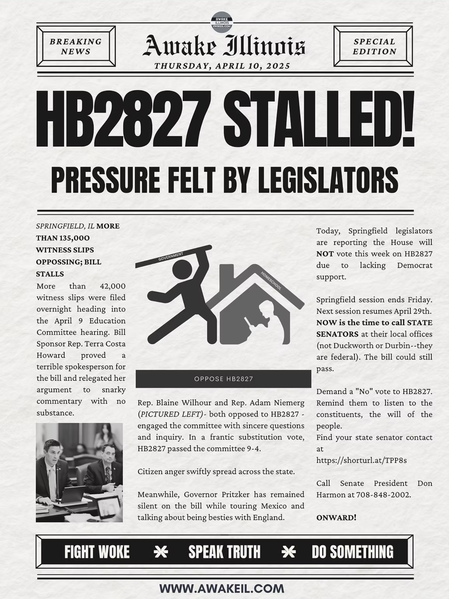 A newspaper with the headline hb2827 stalled pressure felt by legislators