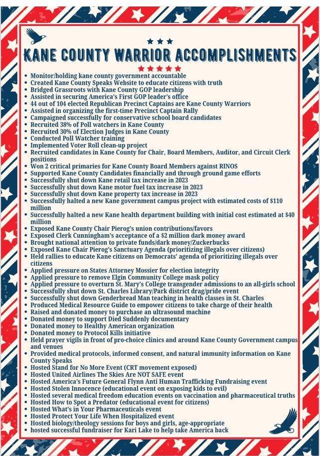 A poster with kane county warrior accomplishments on itt