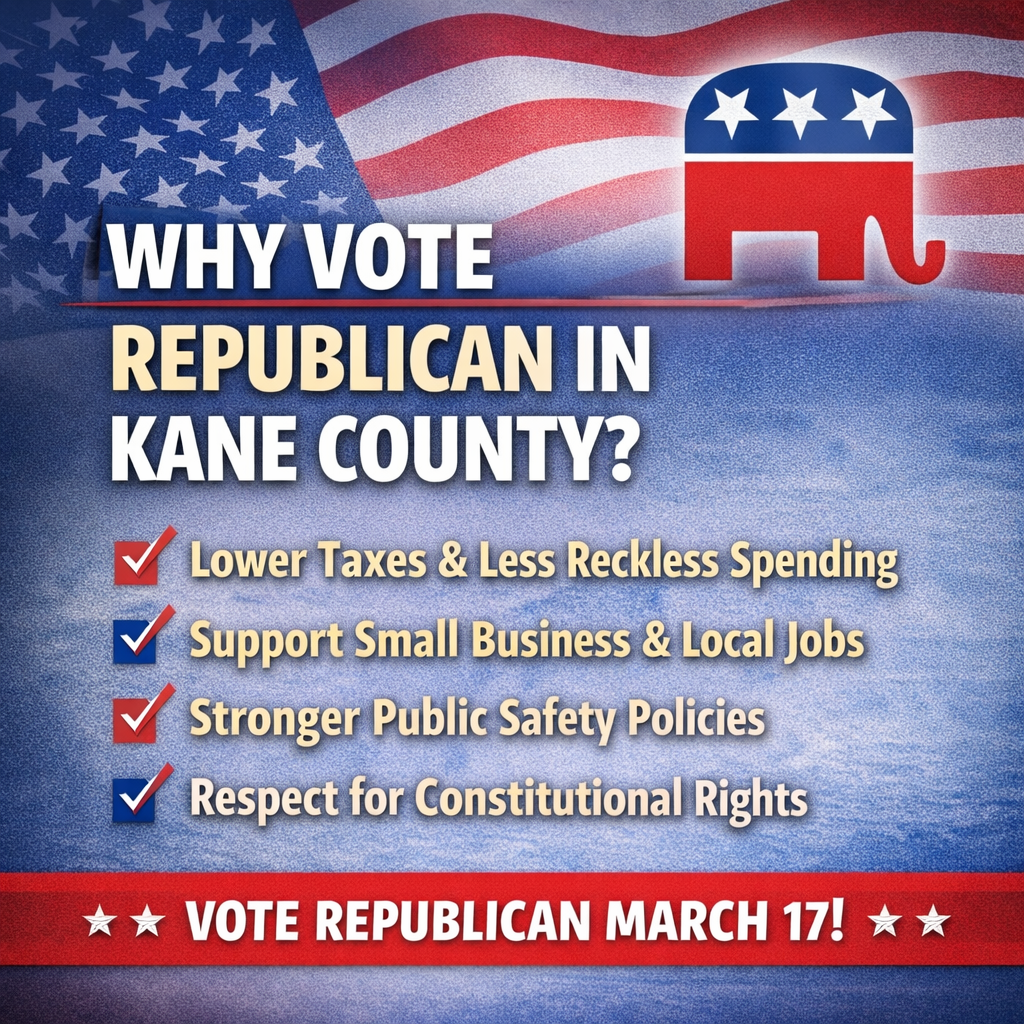 Red white blue Why vote Republican in Kane County?Lower taxes, fiscal and safety.