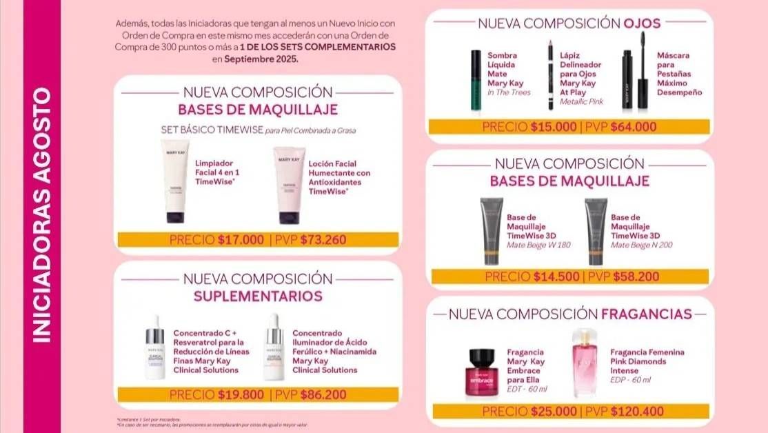 Imagen promocional con productos de maquillaje de varias categorías con precios para agosto.