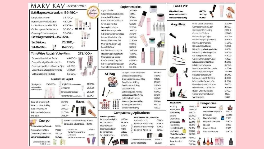 Catálogo de productos Mary Kay con nombres de productos, precios e ilustraciones sobre fondo rosa.