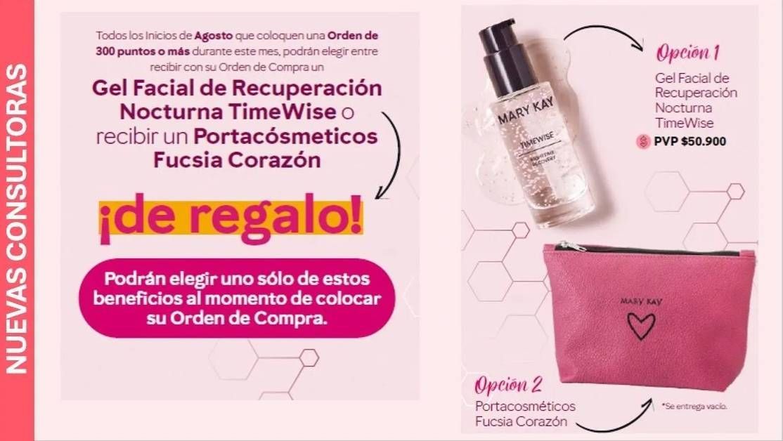 Imagen promocional para nuevos consultores ofreciendo un gel facial TimeWise gratis o una bolsa de cosméticos rosa.