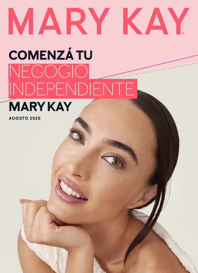 Anuncio de Mary Kay con una mujer sonriendo; el texto dice: 