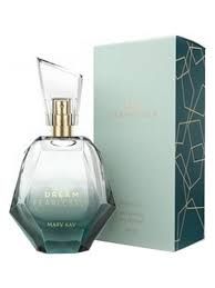 Frasco y caja de fragancia Mary Kay Dream, colores verde azulado y dorado, diseño geométrico.