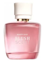 Botella de perfume Mary Kay Pink Blush Scent con tapón blanco y detalles dorados.